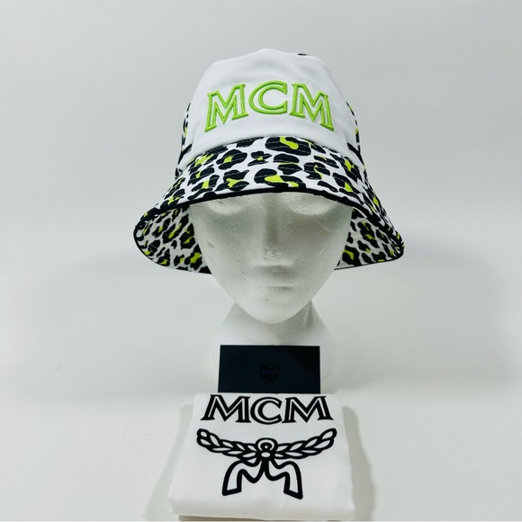 MCM Leopard Print Bucket Hat Multi Logo Embroidered Adjustable NWT - Picture 5 of 16